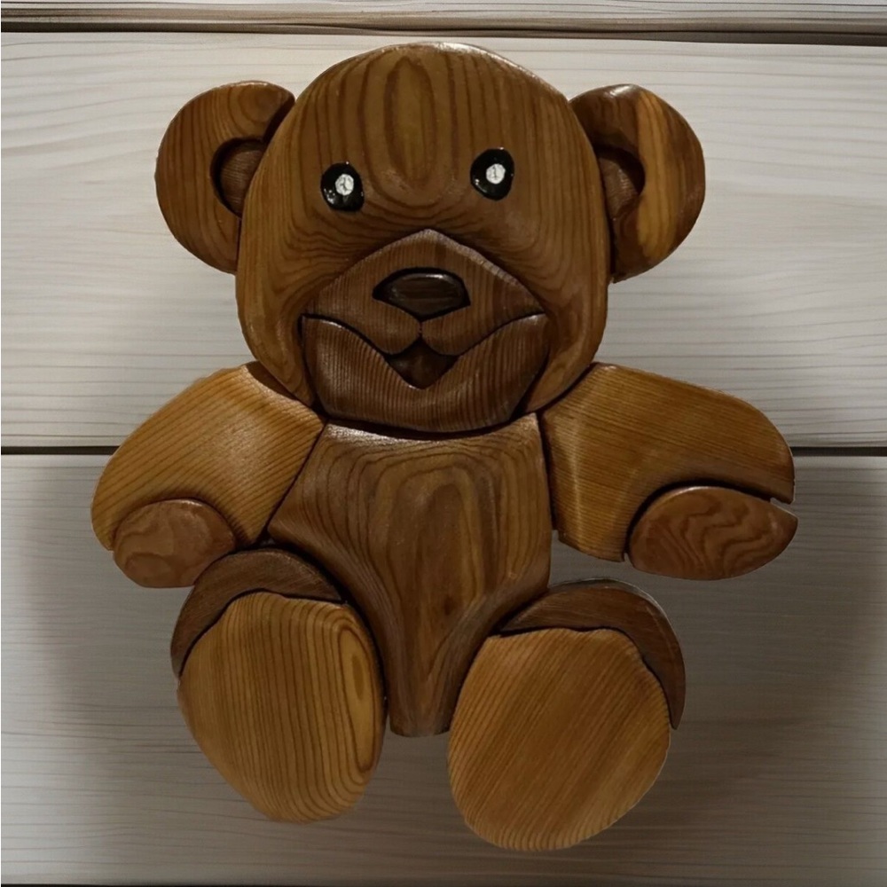 Hand-Made Wood Inlay Bear 10” Tall with hanger wood teddy nursery baby